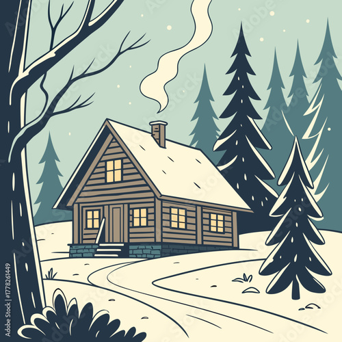 Cozy cabin in the woods during winter with snow falling softly around it