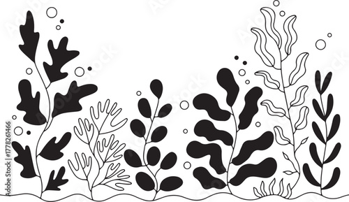 Seaweed and bubbles underwater marine life aquatic plant ocean flora black silhouette vector illustration exactly 130 characters