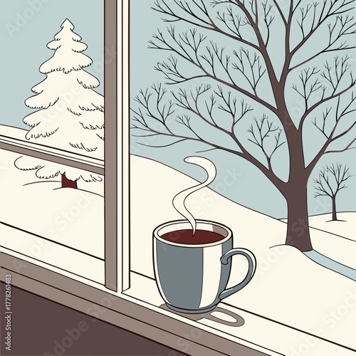 Cozy winter scene with a cup of coffee by the window illustration