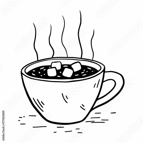 Hand drawn cup of hot chocolate with marshmallows