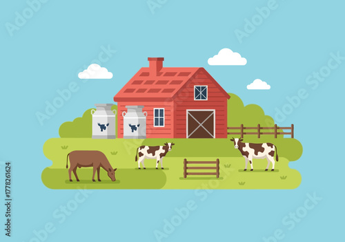 A flat illustration of a red barn with cows and milk cans on a green field