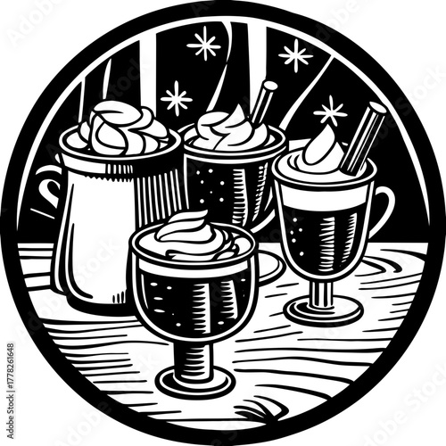 Hot chocolate drinks with whipped cream in black and white vector illustration
