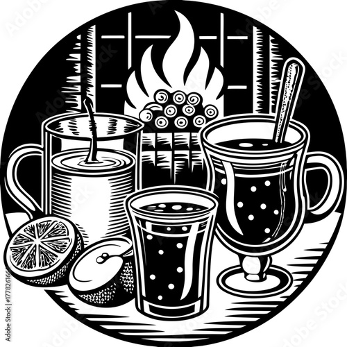 Hot winter drinks by the fireplace in black and white vector illustration