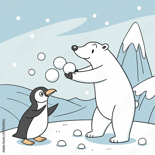 Polar bear and penguin playing with snowballs on a snowy winter day