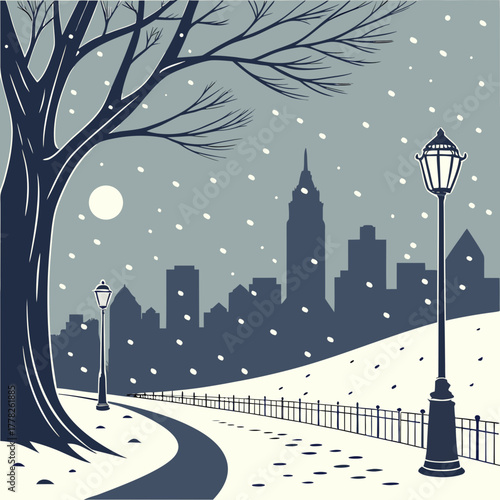 Snowy city landscape with skyscrapers and street lights in winter season