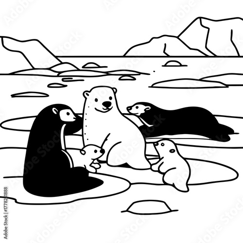 Polar bear family with seal in arctic landscape