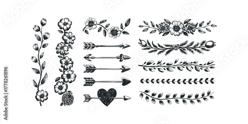 Collection of Hand Drawn Floral and Arrow Decorative Elements