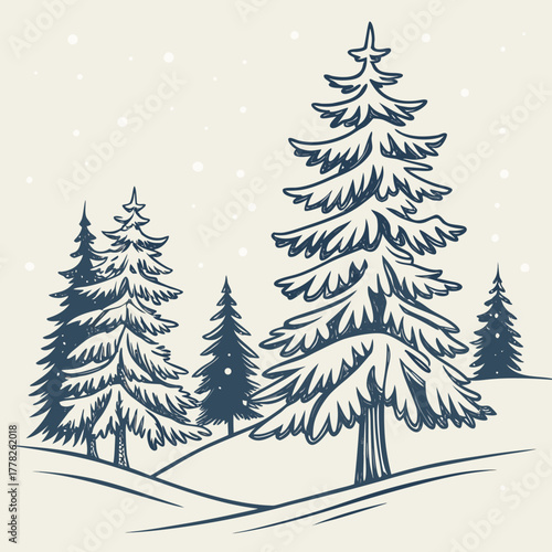 Winter landscape with fir trees and snow falling in a forest scene