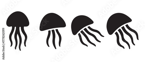 Black Jellyfish Silhouette Icons. Minimal Marine Life Vector Set.