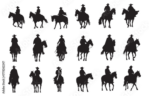 Silhouette of a cowboy on a horse. A cowboy wearing a hat, riding a horse, a stance, and an open landscape. Classical fine art.