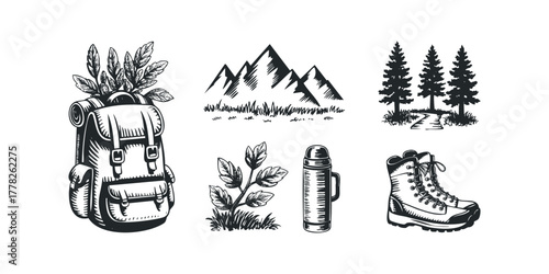 Hiking gear collection with backpack, boots, and thermos