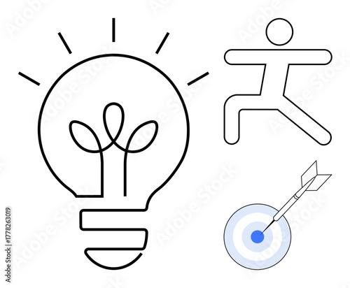 Lightbulb signifies ideas, figure in motion represents action, and dart hitting target illustrates goal focus. Ideal for innovation, achievement, creativity, strategy, planning, motivation
