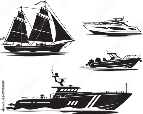 Yachting Vector Illustration Boat Silhouette Set Sailboat and Speedboat on Transparent Backdrop Marine Transport Luxury Vessel