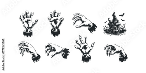 Spooky hands and haunted house illustration for Halloween