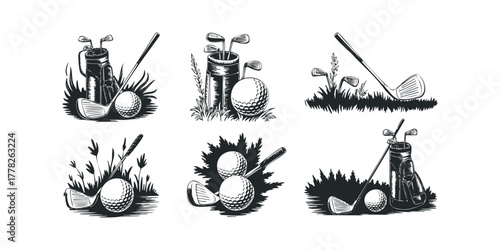 Golf Equipment Set with Clubs Balls Grass