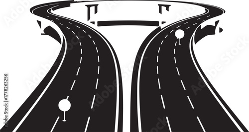 Highway Split On Transparent Background Vector Illustration Graphic with Road Junction and Roads Going Into Different Directions