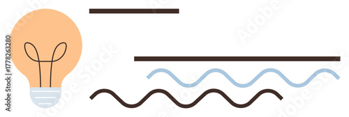 Lightbulb wearing facial mask alongside straight and wavy lines symbolizing innovation, health, safety, energy, creativity, awareness, and environmental care. Ideal for pandemic themes, clean energy