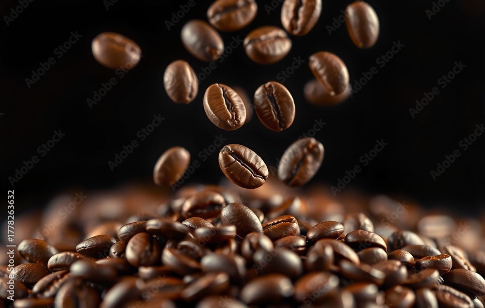 Fototapeta premium Rich, dark coffee beans cascading mid-air against a deep black backgroundcapturing the moment of freshness and aroma in vivid detail.