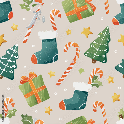 Digital illustration of a festive Christmas pattern featuring candy canes, stockings, trees, gifts, and stars on a beige background.