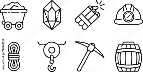 Set of Mining Icons Related to Coal Industry Which Includes Wagon Crystal Dynamite Hardhat Hook Pickaxe Barrel and Rope to Mine