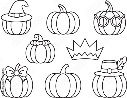 Set of Pumpkins Icons Related to Fall Season That Includes Different Wearing Hat Crown Glasses Bowtie and Other Costumes