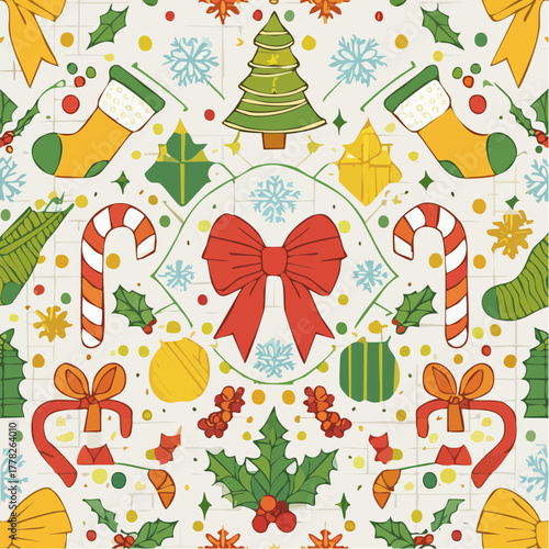 Vibrant Christmas-themed pattern featuring candy canes, ornaments, and holly on a white background with festive red, green, and yellow hues.