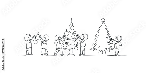 Children decorating a Christmas tree with ornaments in continuous line style