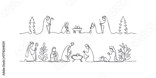 Continuous line drawing of nativity scene with figures and trees