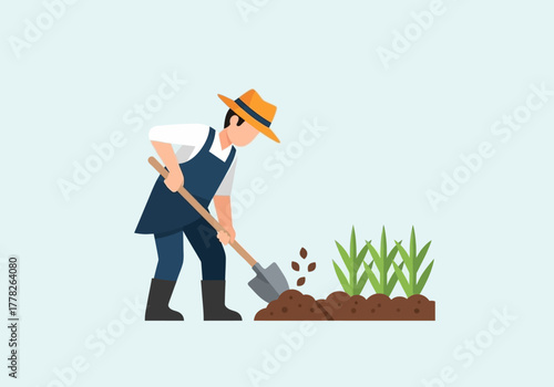 Farmer digging soil with a shovel next to green sprouts on light blue