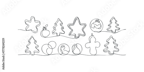 Minimalist line art set of festive holiday ornaments and trees