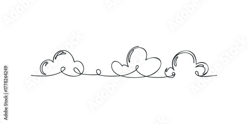 Minimalist continuous line drawing of soft clouds on white