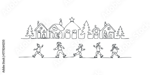 Continuous line drawing of children ice skating in front of village houses