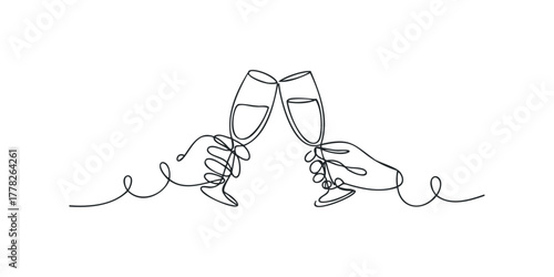Two hands clinking champagne glasses in continuous line drawing