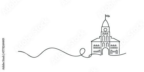 Outline of historic municipal building with clock tower and arches