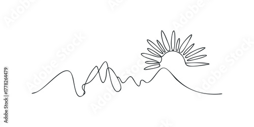 Sun rising over abstract mountain landscape single line