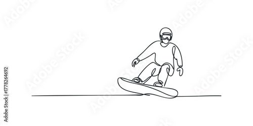 Continuous line drawing of a person snowboarding down a slope