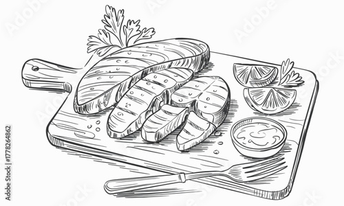 Grilled Salmon Steak and Fillet Sketch on Cutting Board Featuring Lemon Slices Parsley and Sauce for Seafood Cuisine