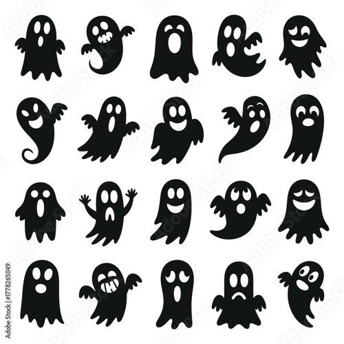 Spooky Halloween Seamless Pattern. Cute Ghost Characters in Black and White