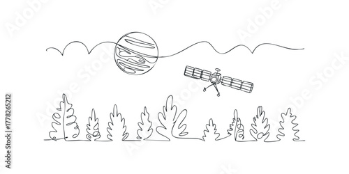 Continuous line drawing of satellite above trees and planet