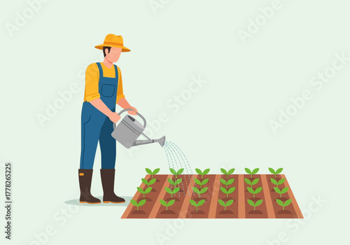 Farmer waters small green sprouts in a garden bed with a gray watering can