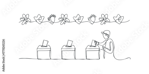 One line drawing person casting vote into ballot box