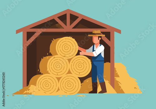 Farmer stacking round hay bales inside an opensided wooden shed