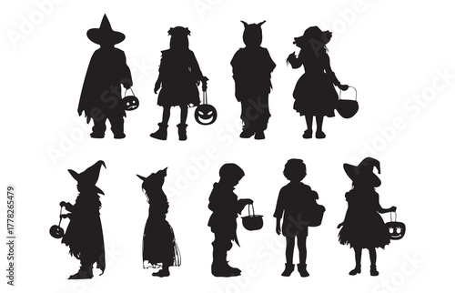 Silhouette of a child in a Halloween costume trick-or-treating. Pumpkins decorate the scene. Halloween fun with costumes and pumpkins. Halloween celebration image.