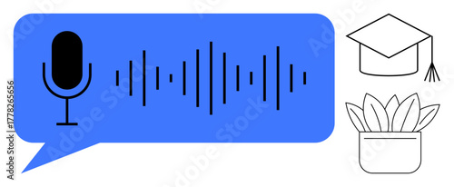 Microphone inside speech bubble with sound waves, graduation cap, plant pot. Ideal for education, podcasting, knowledge sharing, online learning, communication, content creation simple flat metaphor