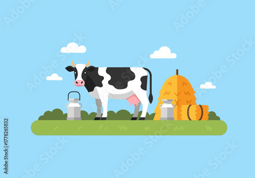 Flat illustration of a black and white cow on green grass with milk cans and hay