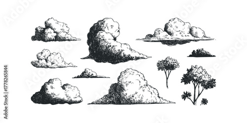 Sketch of Cumulus Clouds and Trees