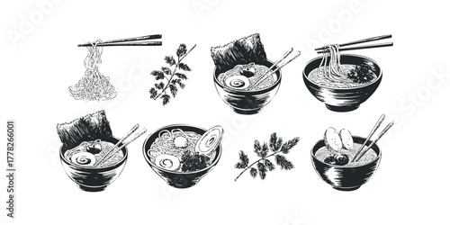 Noodle Bowls with Chopsticks and Garnish Sketch