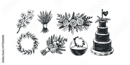 Floral arrangements, wedding cake, and botanical elements
