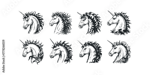 Eight vintage unicorn head portraits in black and white