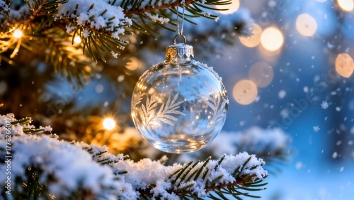 Christmas Ornament Snowy Pine Branch Bokeh
